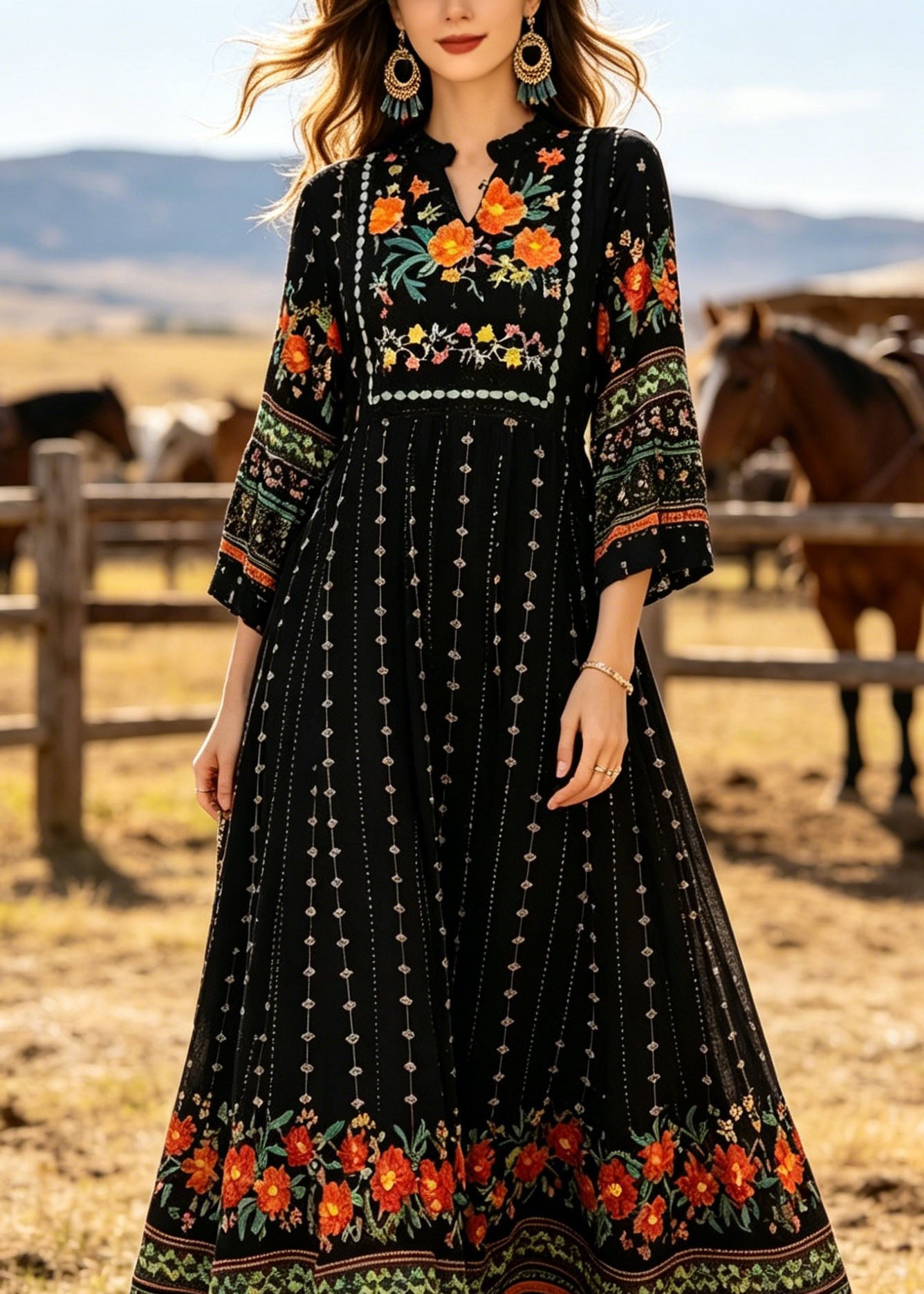 Plus Size Black V Neck Print Cotton Long Dress Summer