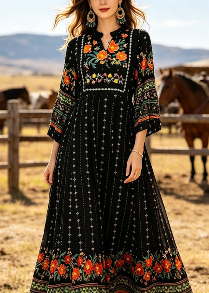 Plus Size Black V Neck Print Cotton Long Dress Summer