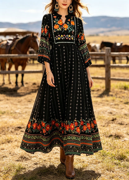 Plus Size Black V Neck Print Cotton Long Dress Summer