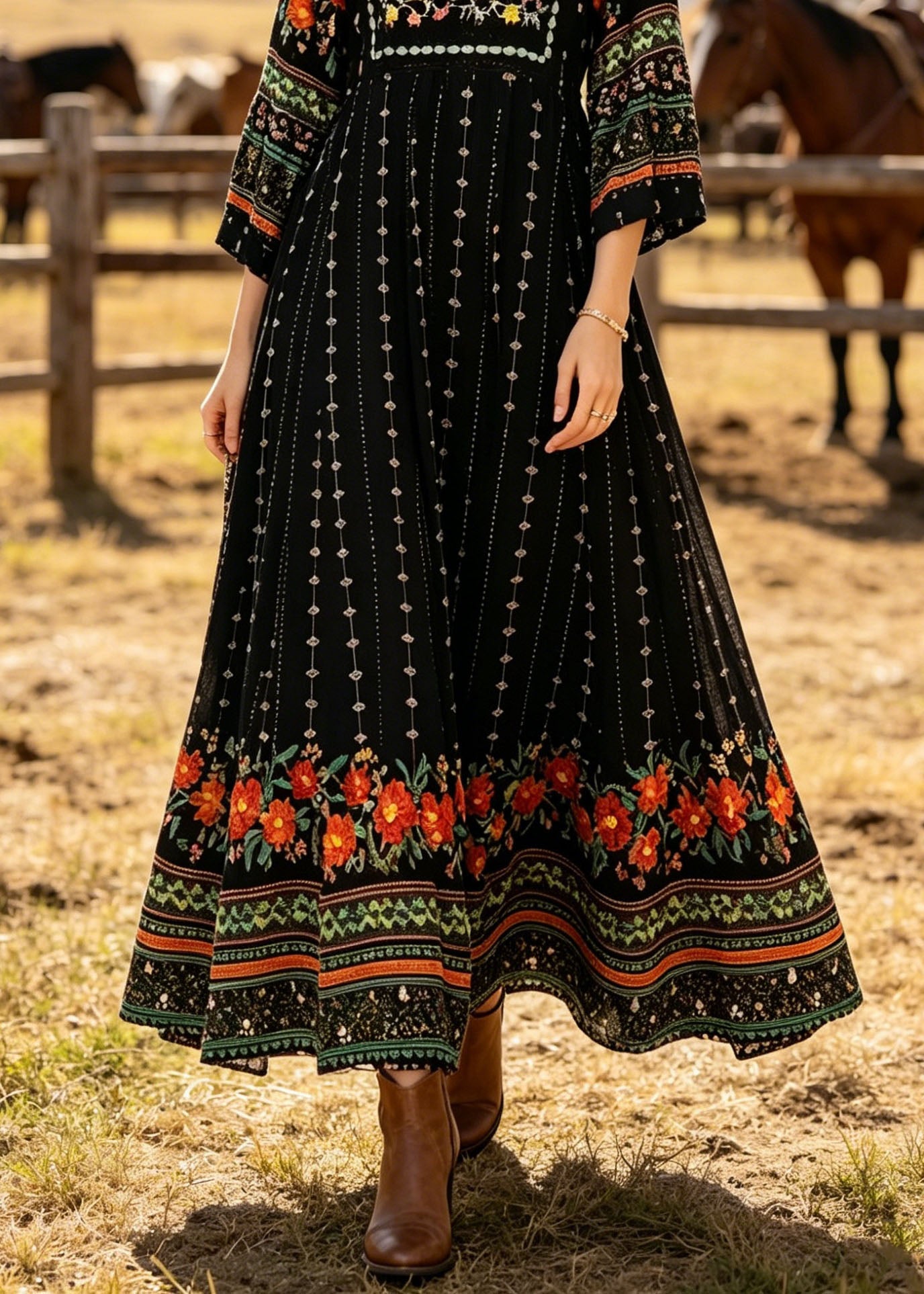Plus Size Black V Neck Print Cotton Long Dress Summer