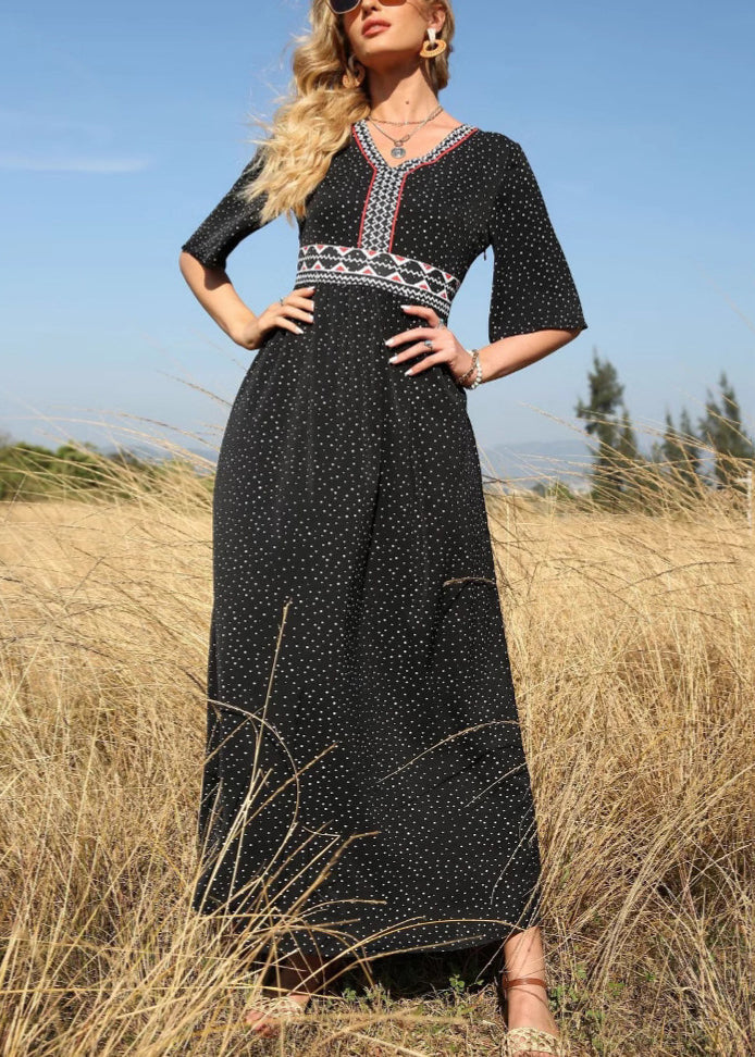 Plus Size Black V Neck Print High Waist Cotton Long Dress Half Sleeve