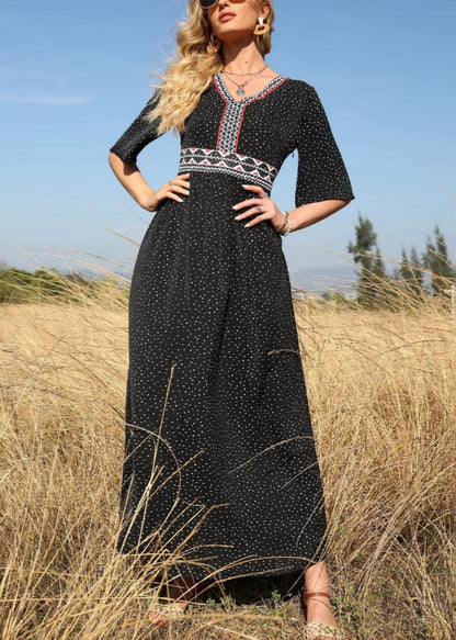 Plus Size Black V Neck Print High Waist Cotton Long Dress Half Sleeve
