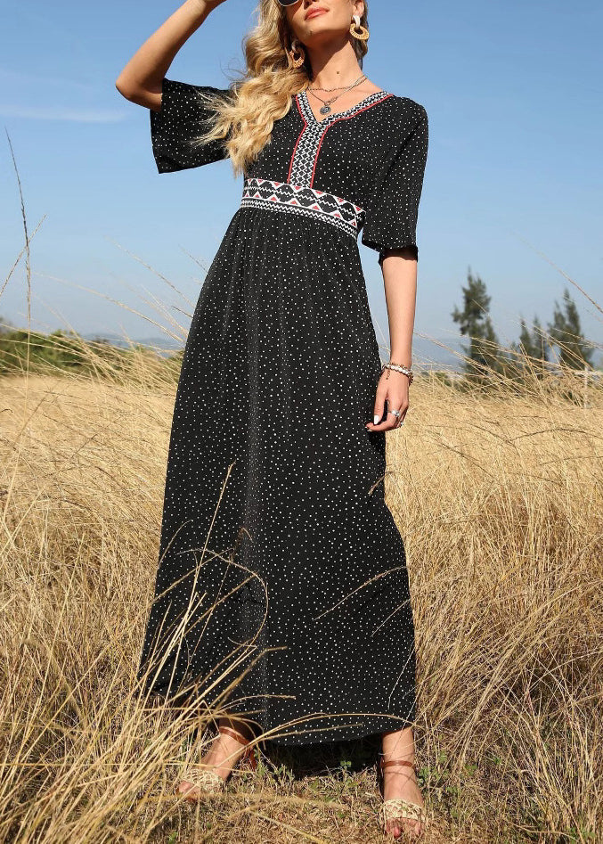 Plus Size Black V Neck Print High Waist Cotton Long Dress Half Sleeve