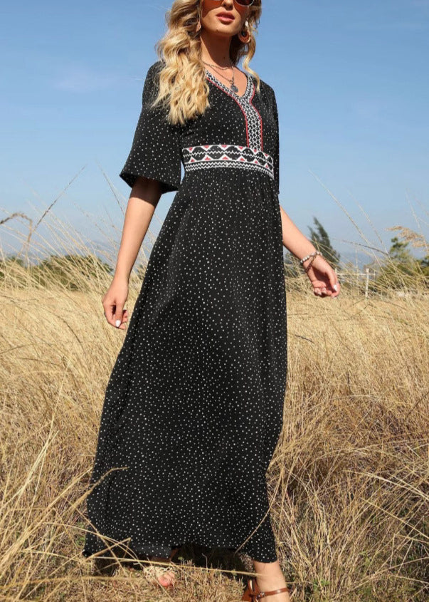 Plus Size Black V Neck Print High Waist Cotton Long Dress Half Sleeve