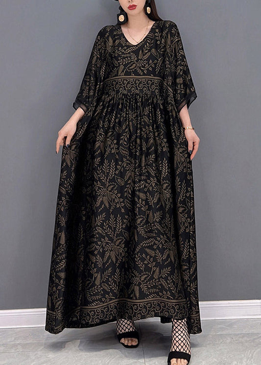 Plus Size Black V Neck Print Silk Long Dress Short Sleeve