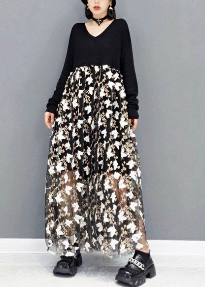 Plus Size Black V Neck Print Vacation Dresses Fall Long Sleeve - SooLinen