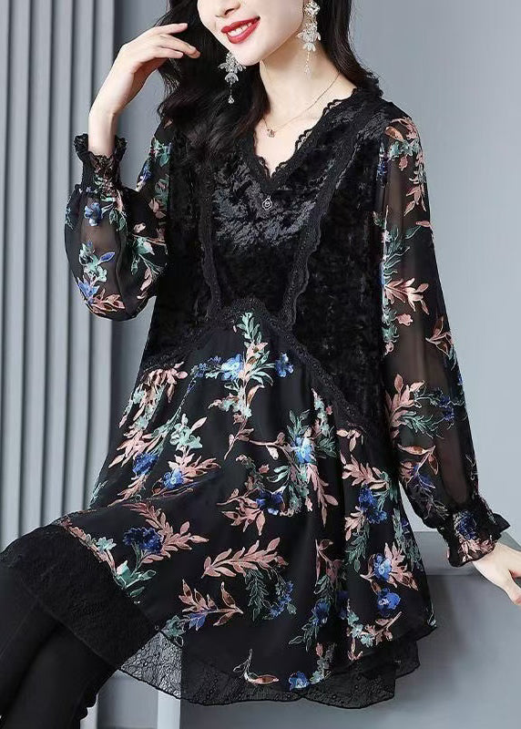 Plus Size Black Velvet Print Patchwork Chiffon Dresses Spring