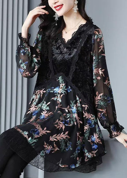 Plus Size Black Velvet Print Patchwork Chiffon Dresses Spring