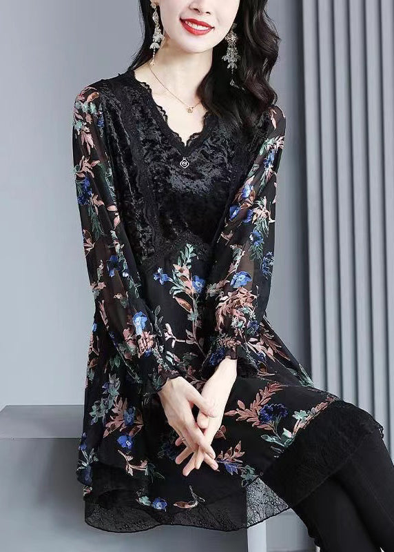 Plus Size Black Velvet Print Patchwork Chiffon Dresses Spring