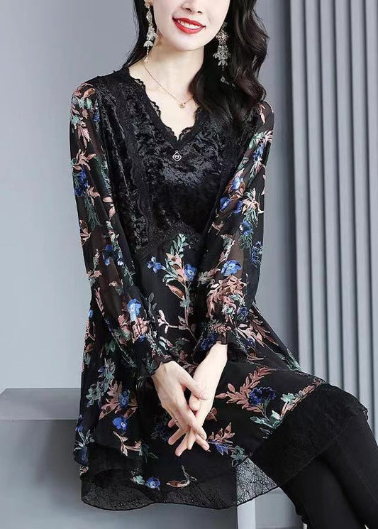 Plus Size Black Velvet Print Patchwork Chiffon Dresses Spring