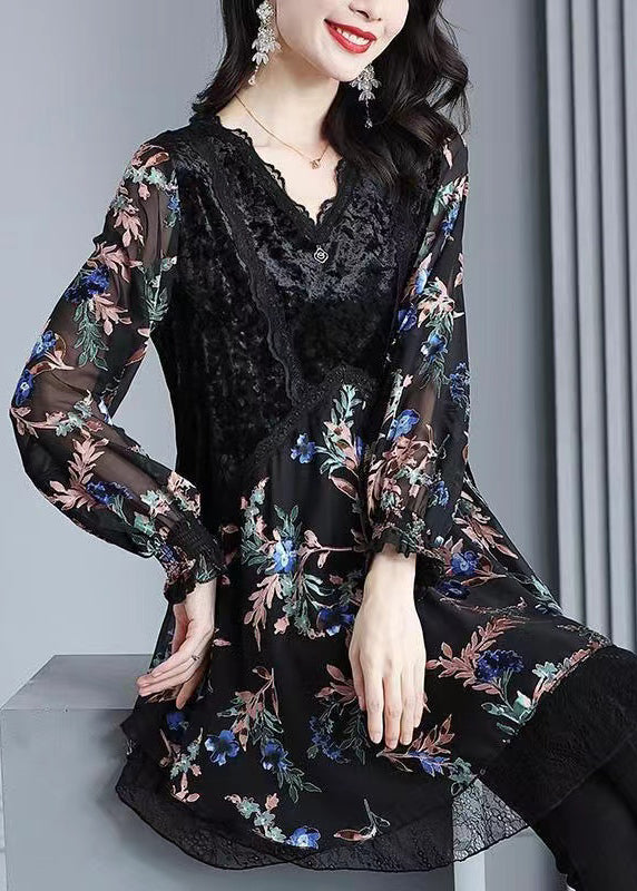 Plus Size Black Velvet Print Patchwork Chiffon Dresses Spring