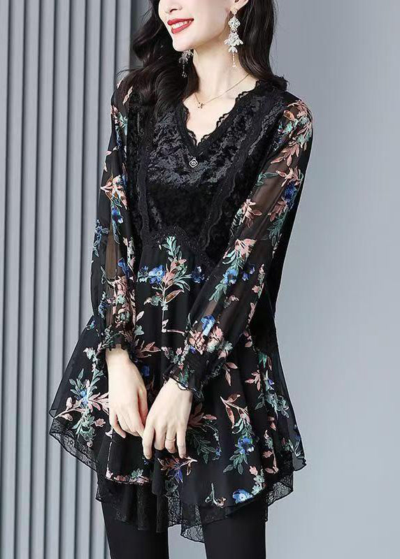 Plus Size Black Velvet Print Patchwork Chiffon Dresses Spring