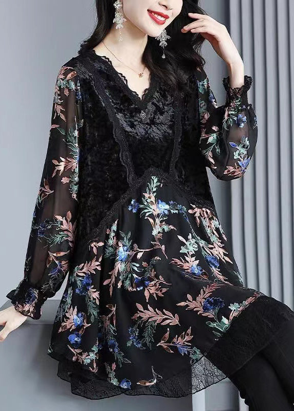 Plus Size Black Velvet Print Patchwork Chiffon Dresses Spring