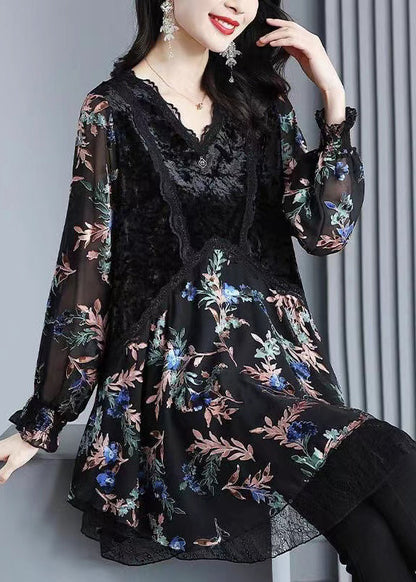 Plus Size Black Velvet Print Patchwork Chiffon Dresses Spring
