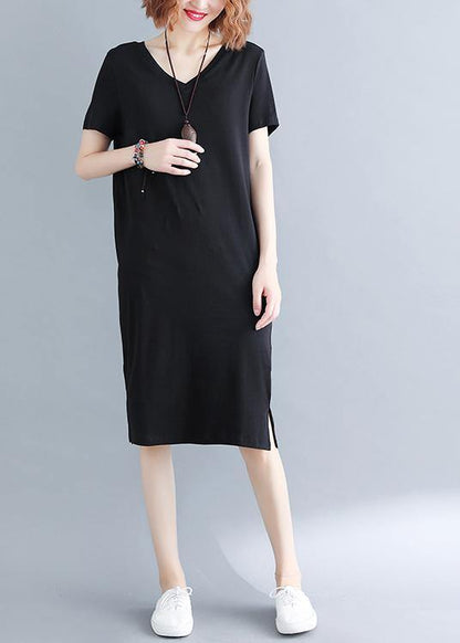 Plus Size Black side open Cotton Summer Dresses - SooLinen