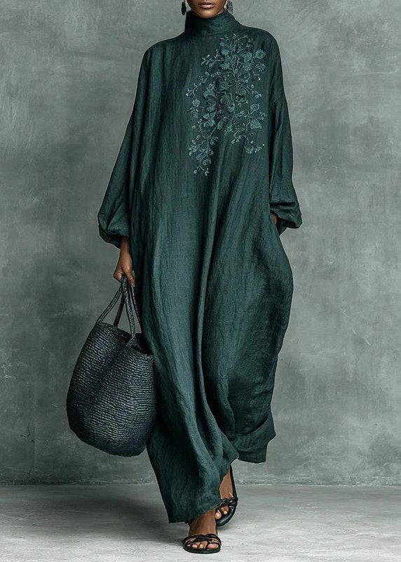 Plus Size Blackish Green Turtleneck Embroidered Maxi Dresses Long Sleeve