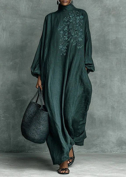 Plus Size Blackish Green Turtleneck Embroidered Maxi Dresses Long Sleeve