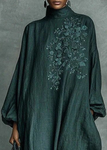 Plus Size Blackish Green Turtleneck Embroidered Maxi Dresses Long Sleeve