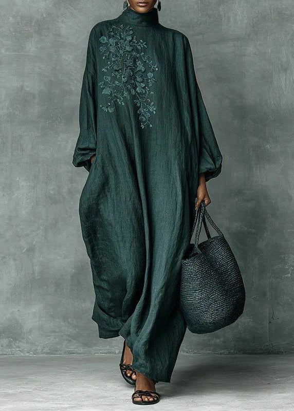 Plus Size Blackish Green Turtleneck Embroidered Maxi Dresses Long Sleeve