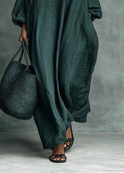 Plus Size Blackish Green Turtleneck Embroidered Maxi Dresses Long Sleeve