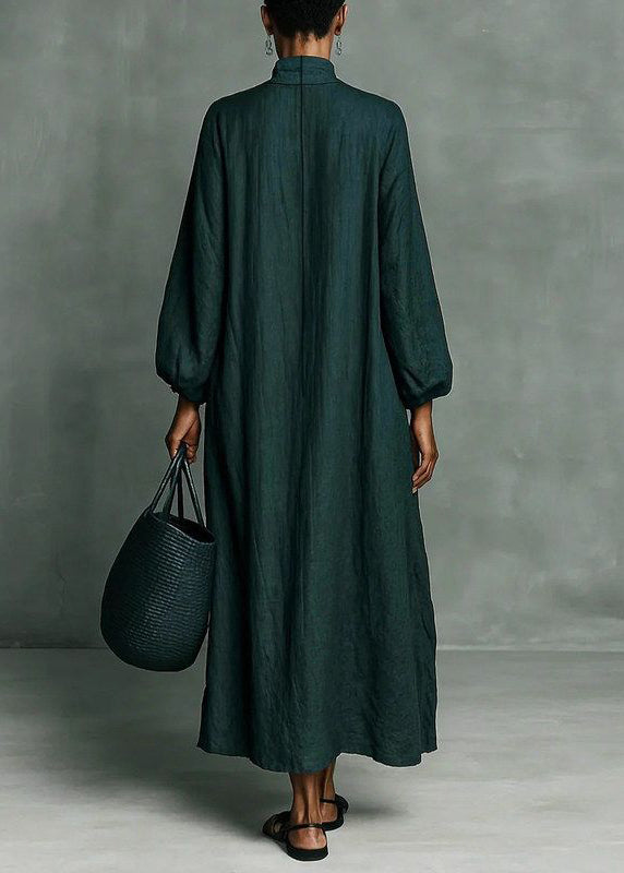 Plus Size Blackish Green Turtleneck Embroidered Maxi Dresses Long Sleeve