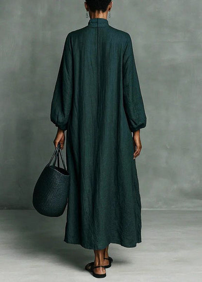 Plus Size Blackish Green Turtleneck Embroidered Maxi Dresses Long Sleeve