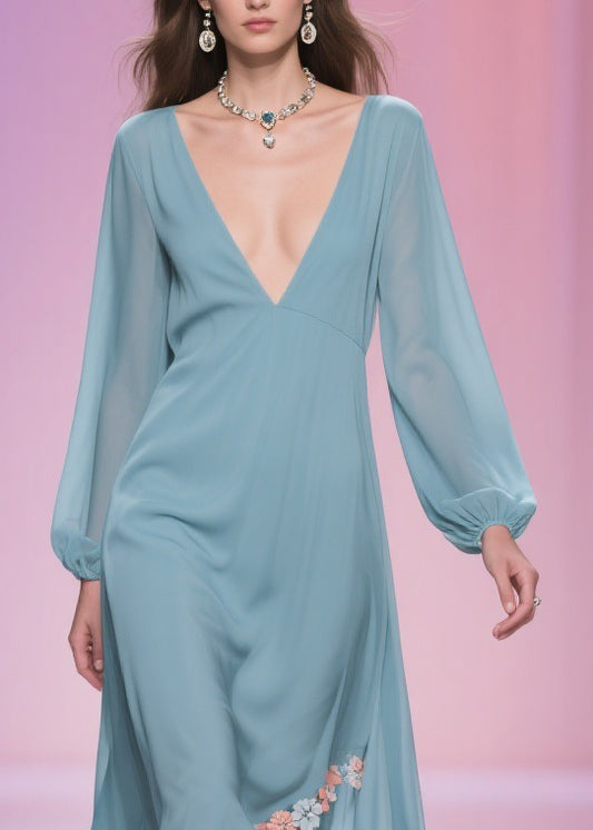 Plus Size Blue Asymmetrical Floral Chiffon Long Dress Spring