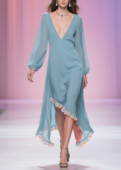 Plus Size Blue Asymmetrical Floral Chiffon Long Dress Spring