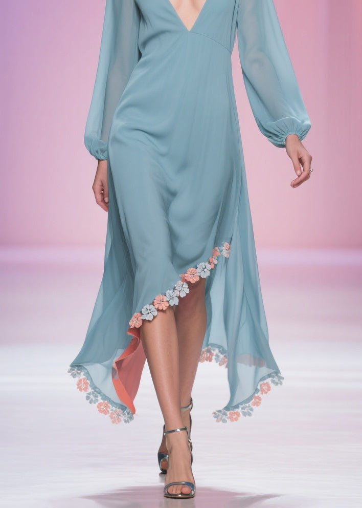 Plus Size Blue Asymmetrical Floral Chiffon Long Dress Spring