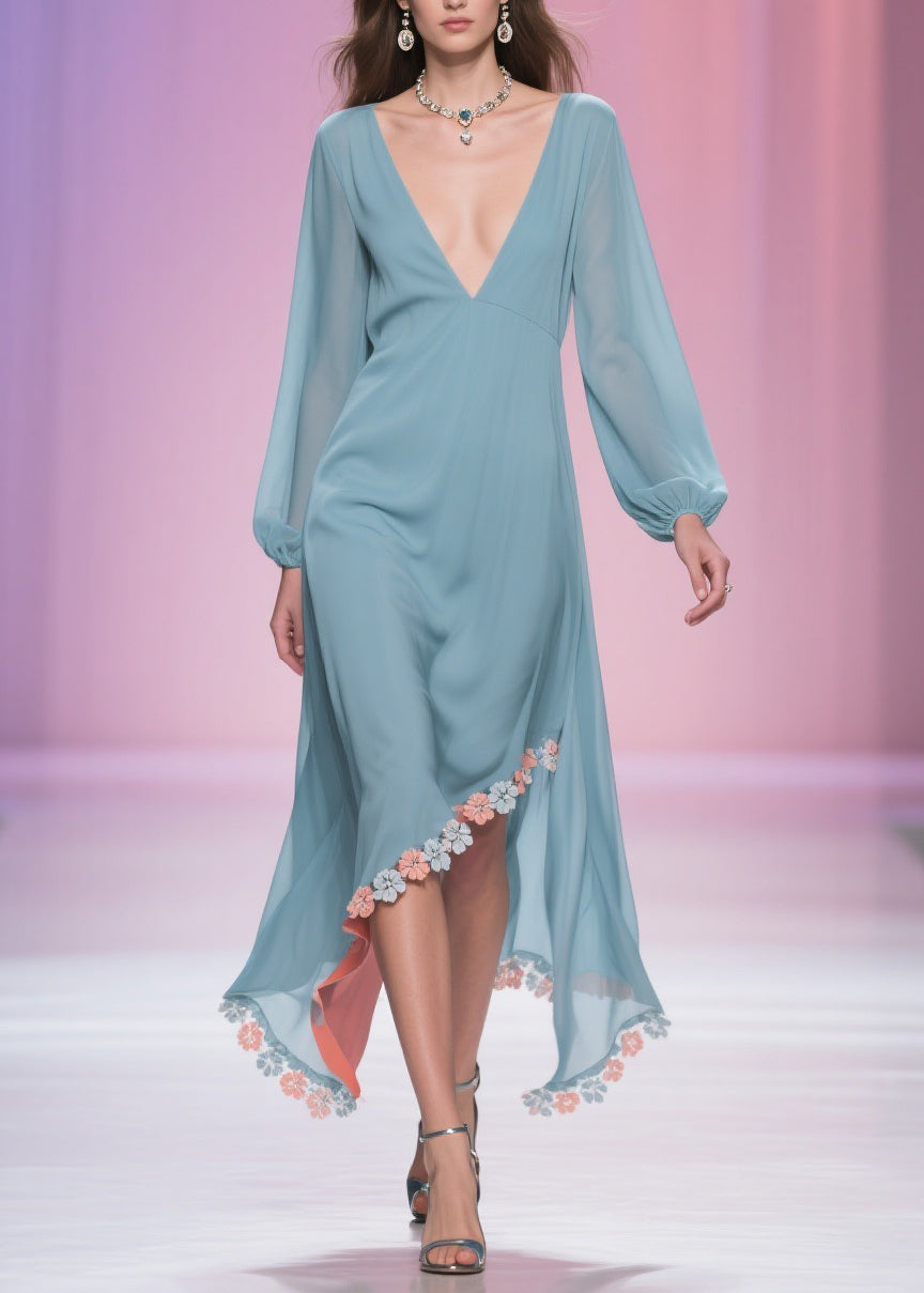 Plus Size Blue Asymmetrical Floral Chiffon Long Dress Spring