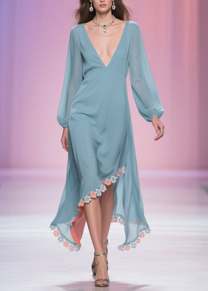 Plus Size Blue Asymmetrical Floral Chiffon Long Dress Spring