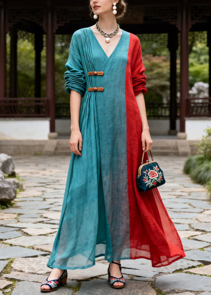 Plus Size Blue Asymmetrical Patchwork Chinese Button Cotton Dresses Summer