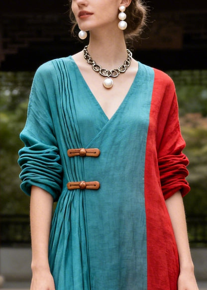 Plus Size Blue Asymmetrical Patchwork Chinese Button Cotton Dresses Summer