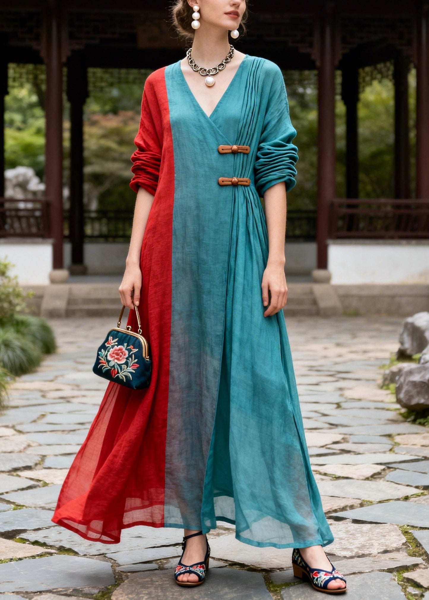 Plus Size Blue Asymmetrical Patchwork Chinese Button Cotton Dresses Summer