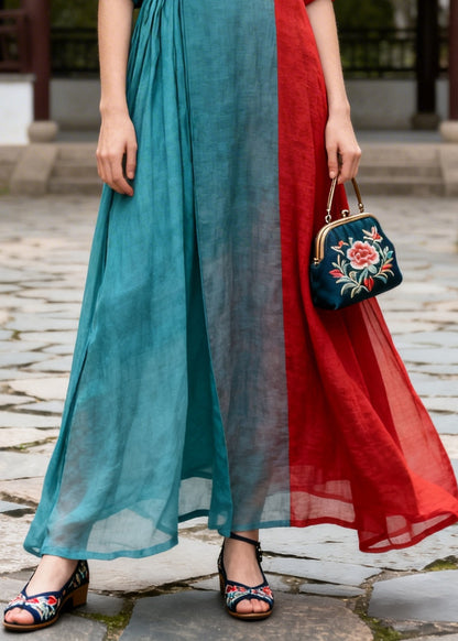 Plus Size Blue Asymmetrical Patchwork Chinese Button Cotton Dresses Summer