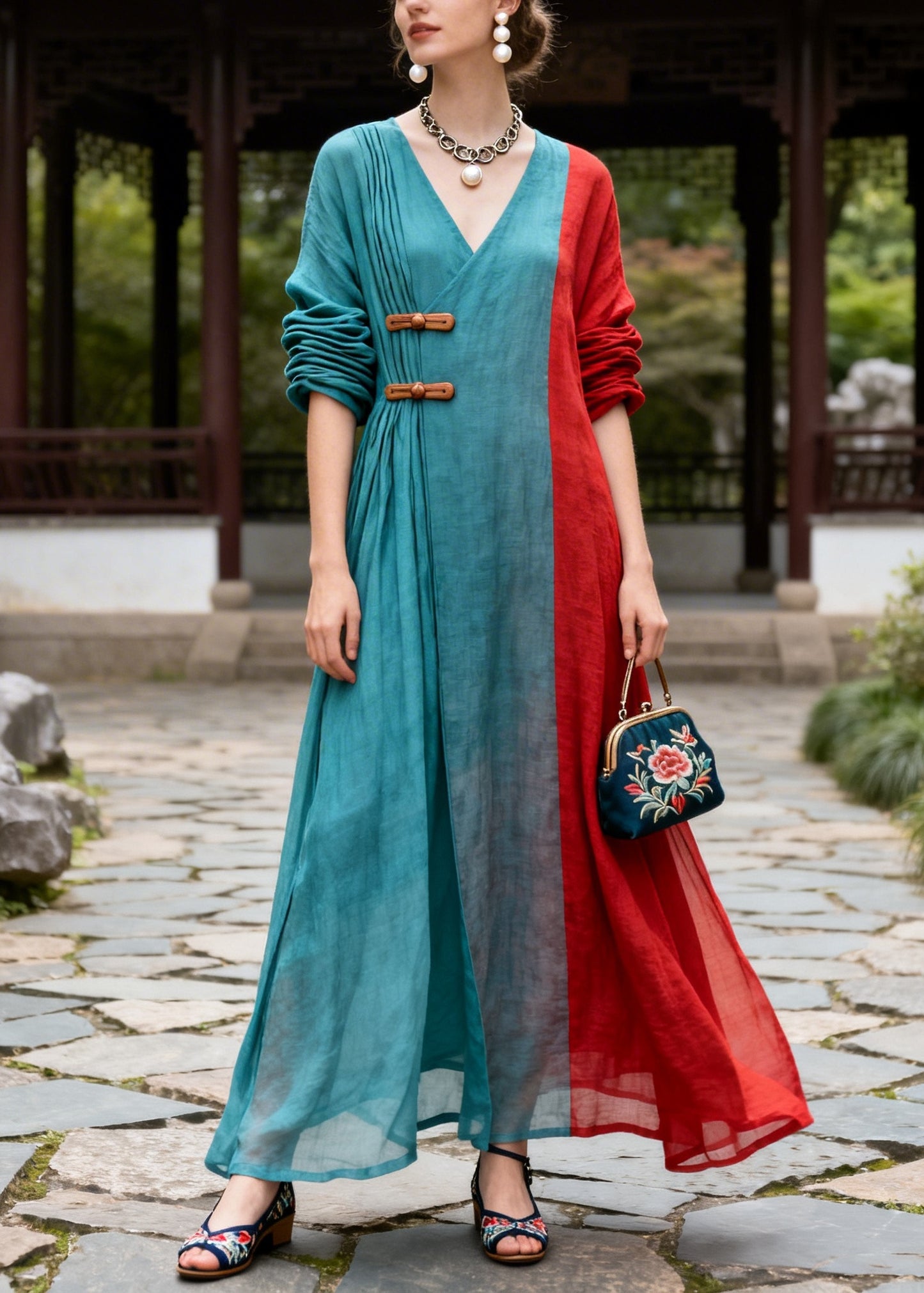 Plus Size Blue Asymmetrical Patchwork Chinese Button Cotton Dresses Summer