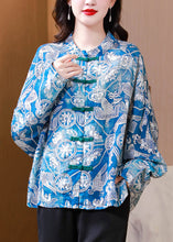 Load image into Gallery viewer, Plus Size Blue Button Print Linen Blouses Batwing Sleeve
