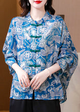 Load image into Gallery viewer, Plus Size Blue Button Print Linen Blouses Batwing Sleeve