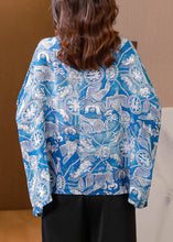 Load image into Gallery viewer, Plus Size Blue Button Print Linen Blouses Batwing Sleeve