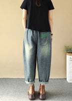 Plus Size Blue Cartoon Embroidered Denim Pants Summer