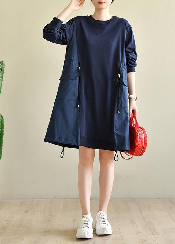 Plus Size Blue Cinched Cotton Patchwork Spring Dress - SooLinen