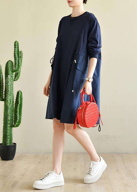 Plus Size Blue Cinched Cotton Patchwork Spring Dress - SooLinen