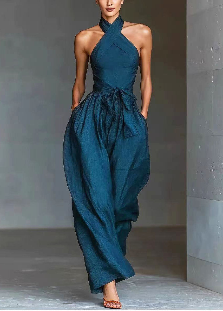 Plus Size Blue Cold Shoulder Linen Hatle Jumpsuits Summer