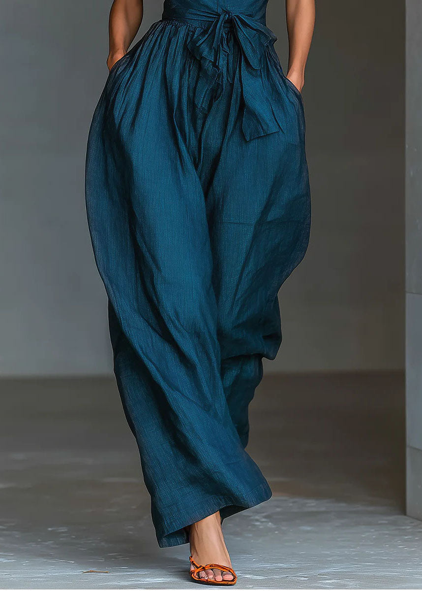 Plus Size Blue Cold Shoulder Linen Hatle Jumpsuits Summer