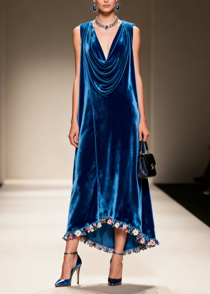 Plus Size Blue Draped Neckline Floral Patchwork Velvet Dress Sleeveless