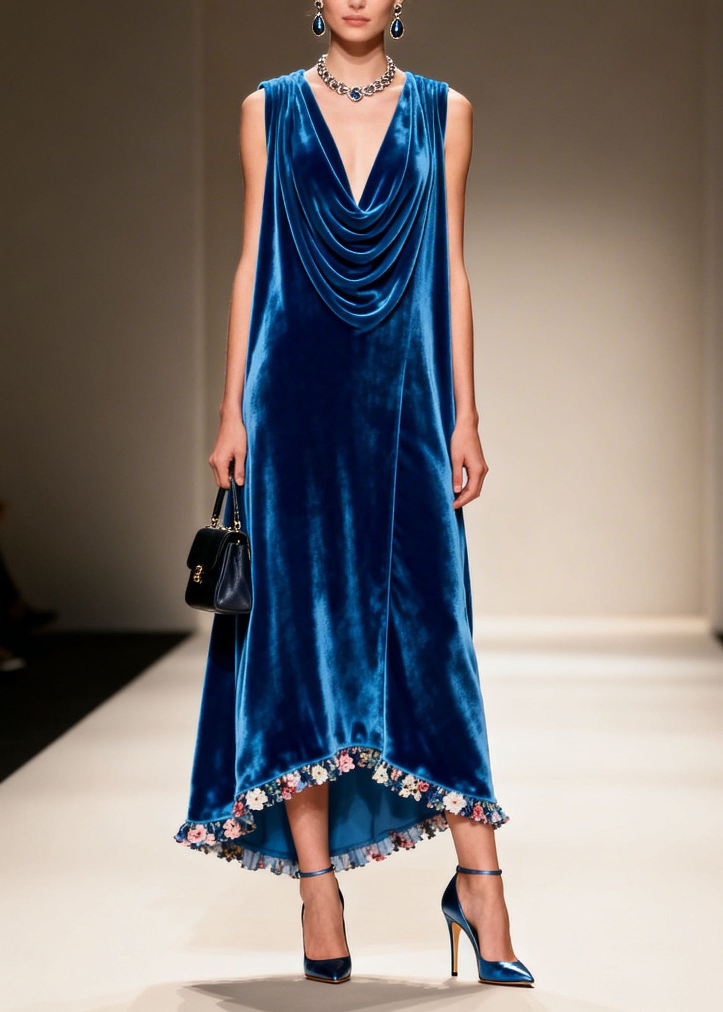 Plus Size Blue Draped Neckline Floral Patchwork Velvet Dress Sleeveless