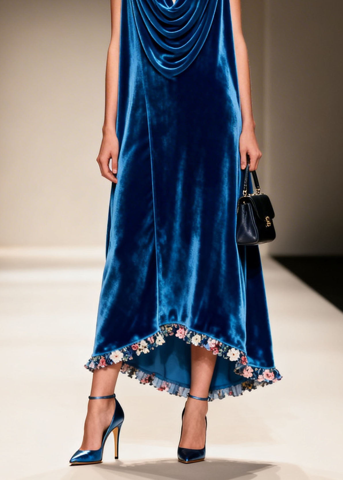 Plus Size Blue Draped Neckline Floral Patchwork Velvet Dress Sleeveless