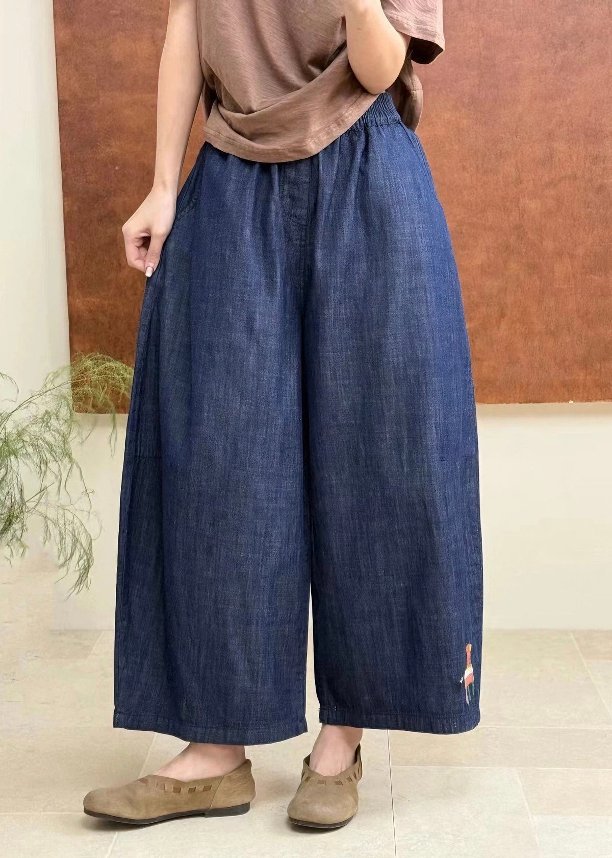 Plus Size Blue Embroidered Elastic Waist Denim Pants Fall