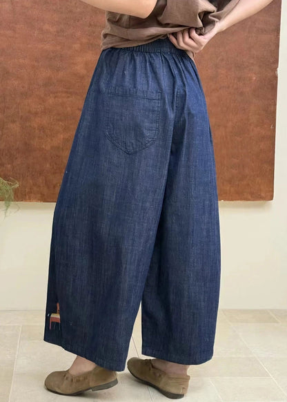 Plus Size Blue Embroidered Elastic Waist Denim Pants Fall
