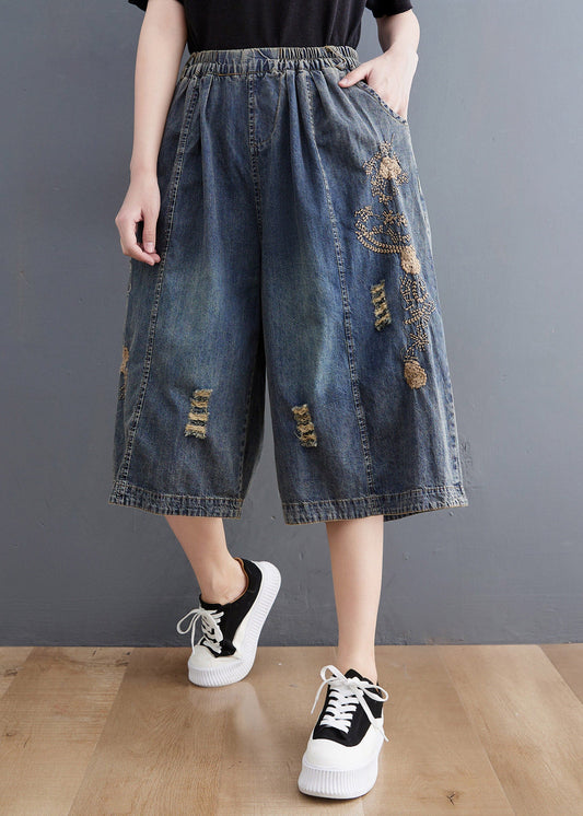Plus Size Blue Embroidered Hole Crop Jeans